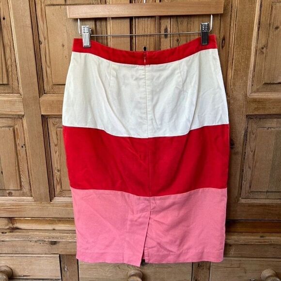 Boden 4 Regular Pencil‎ Skirt Red Pink White Fitted Colorblock Linen Blend Bow - Picture 5 of 12